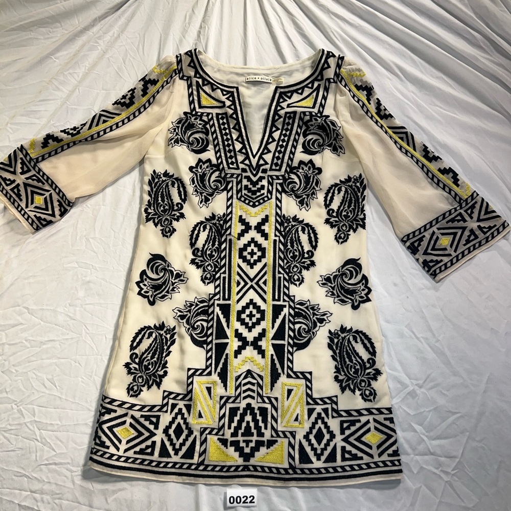 Alice + Olivia Cream and Black Embellished Sheath Dress